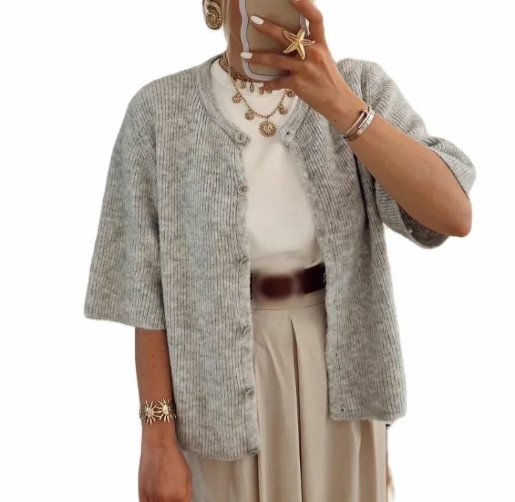 Women's  Knit Cardigan – Half Sleeve, Solid Color, Button-Up, Lightweight Knitwear for Daily Wear