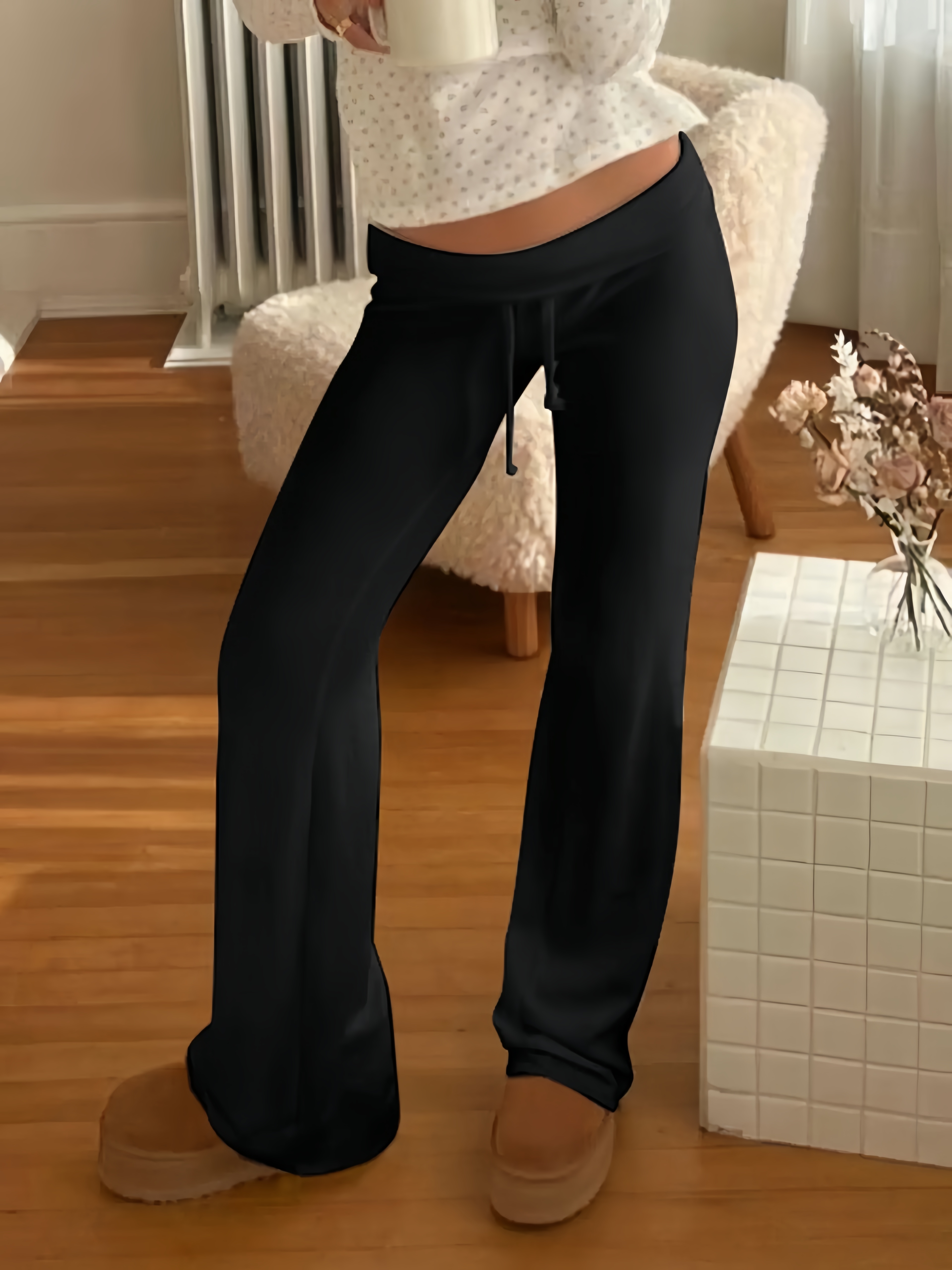 Women's Solid Adjustable Drawstring Foldover Waist Straight Leg Fitted Pants