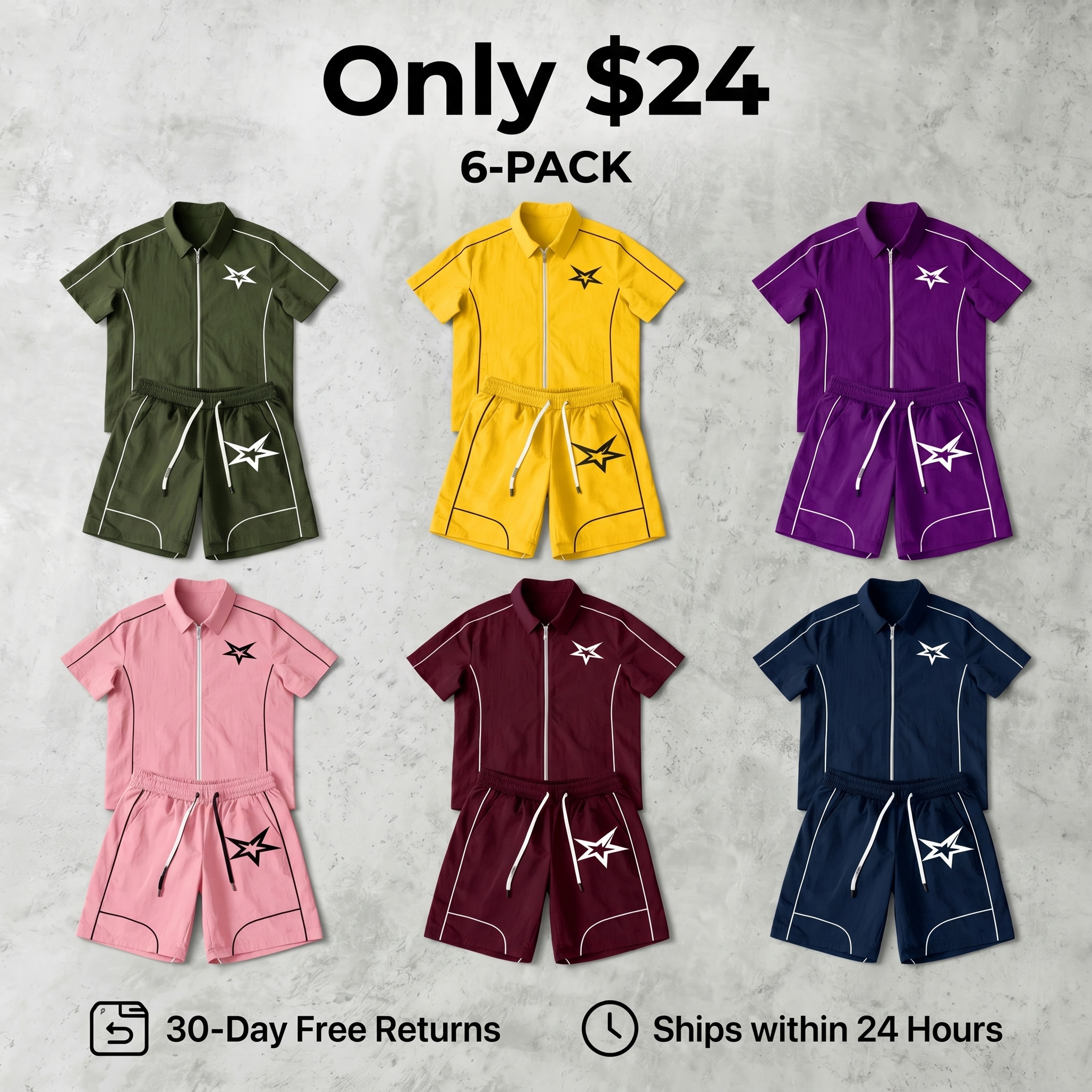 Star-Patterned Casual Set: Short-Sleeve Zip Shirt + Gym Shorts (2-Piece Set)