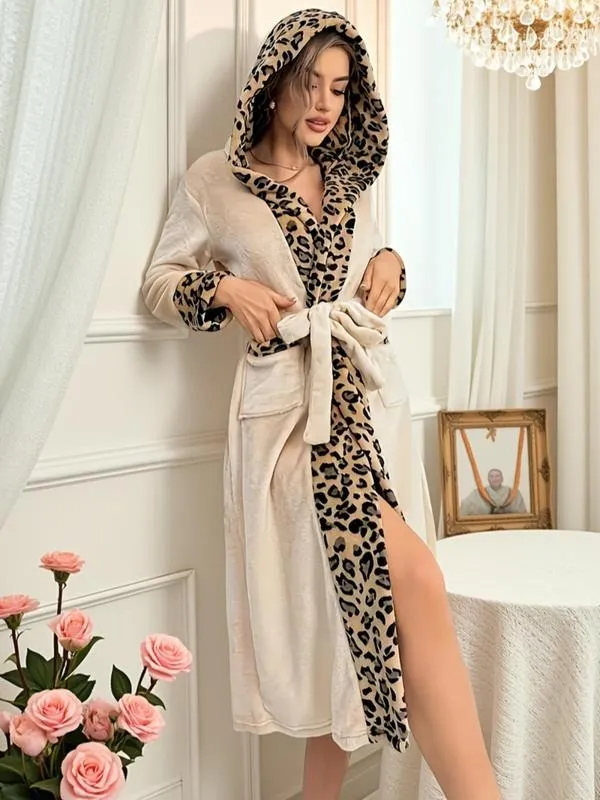 Women's Leopard Print Warm Bathrobe