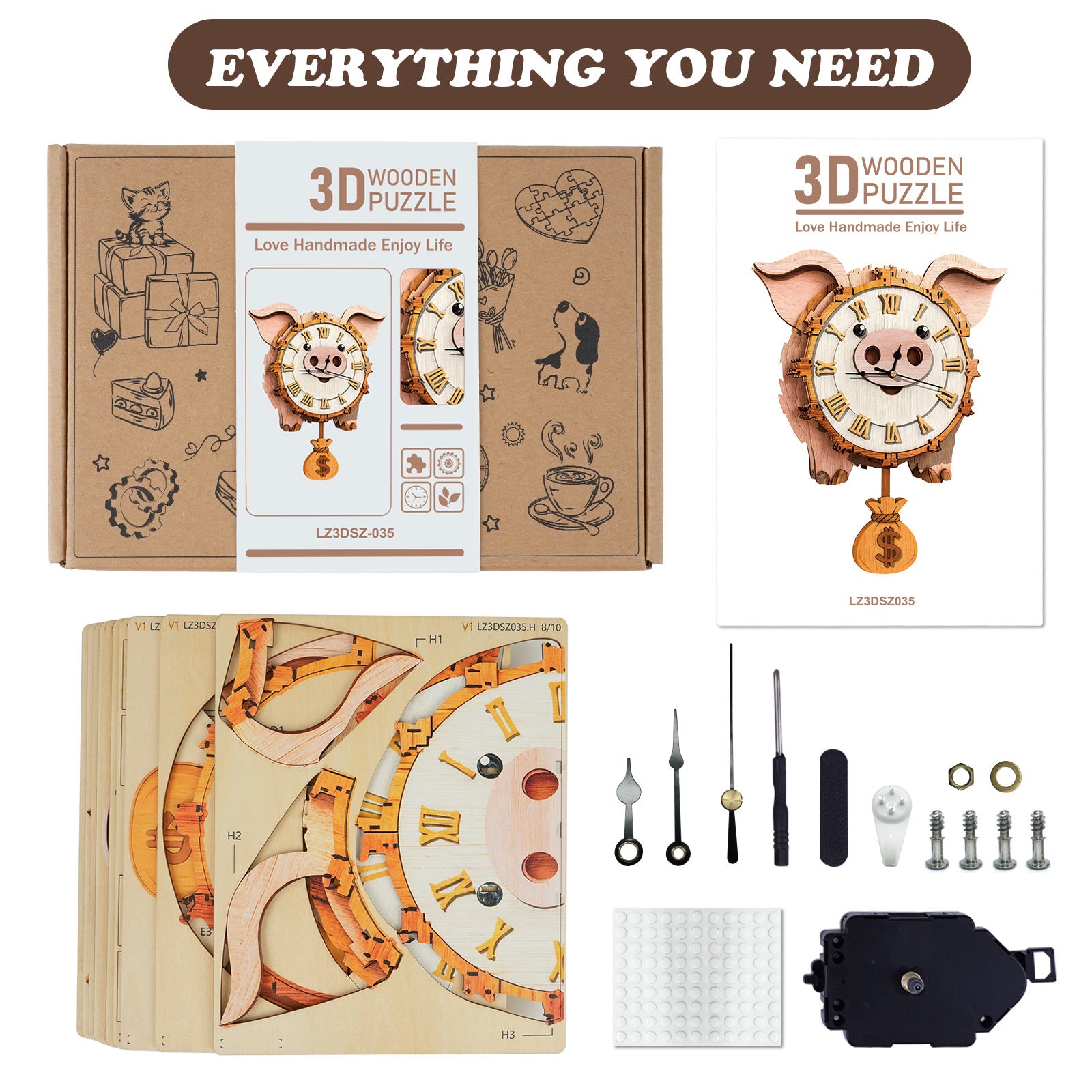 Pig DIY Wooden Clock, 3D Puzzle Craft Kit
