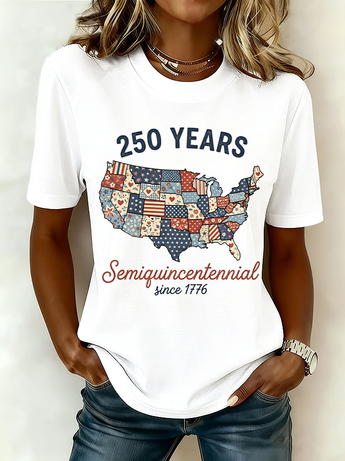 American Women'S Casual American Flag Printed Round Neck T-Shirt