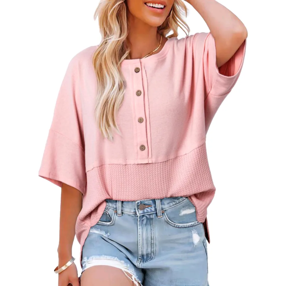 Dokotoo Women's 2025 Waffle Knit Patchwork Tops – Casual Oversized Button Down 3/4 Sleeve Shirt Blouse