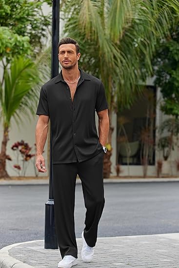 Men's 2 Piece Outfit Casual Short Sleeve Button Down Shirt Beach Summer Loose Pant Sets