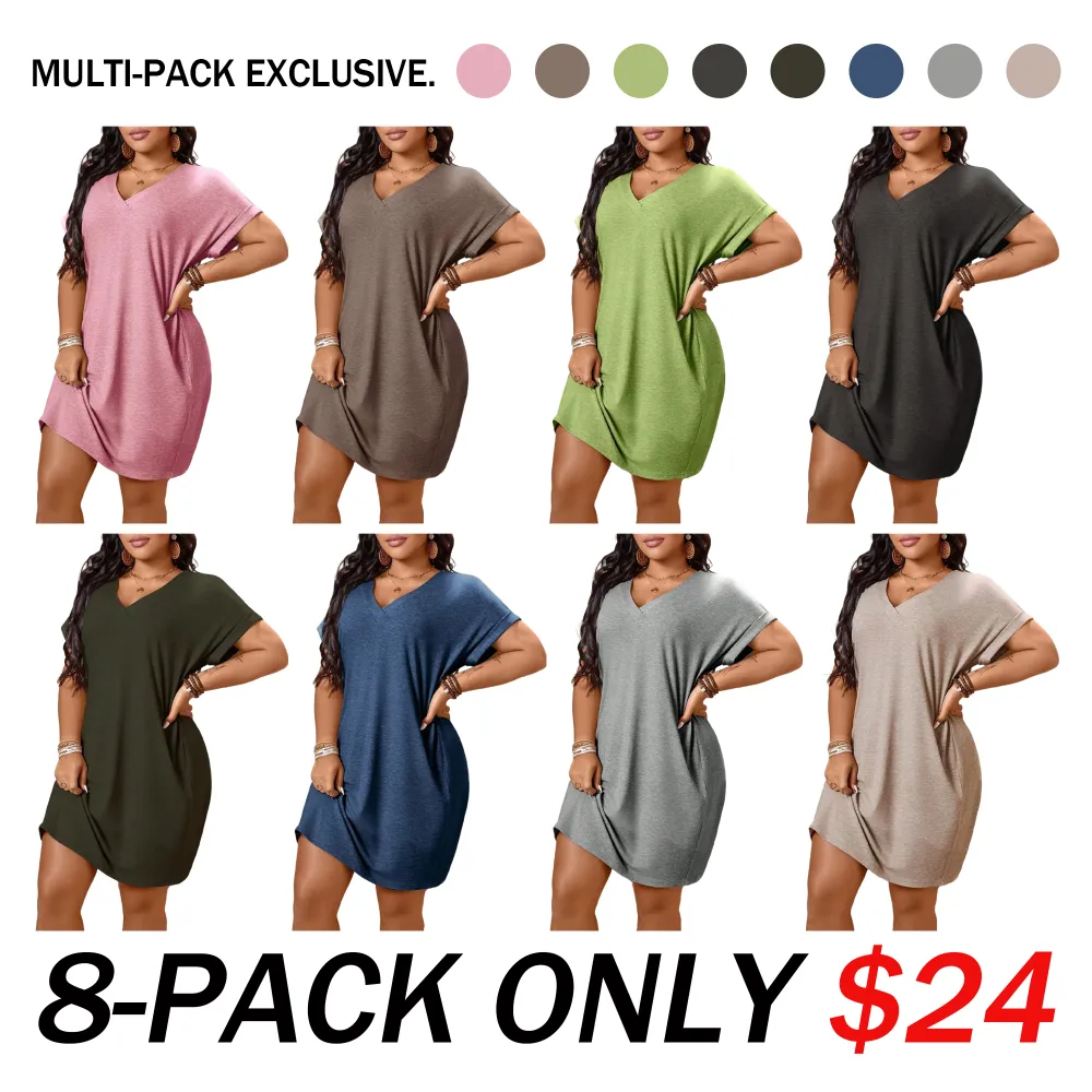 🔥8-PACK $24🔥Plus Size Women's V Neck Batwing Sleeve Loose T-Shirt Dress