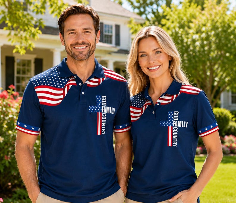 God Family Country Polo Shirt, Patriotic Cross Polo, American Flag Christian Shirt, USA Faith Family Freedom Tee, 4th of July Gift