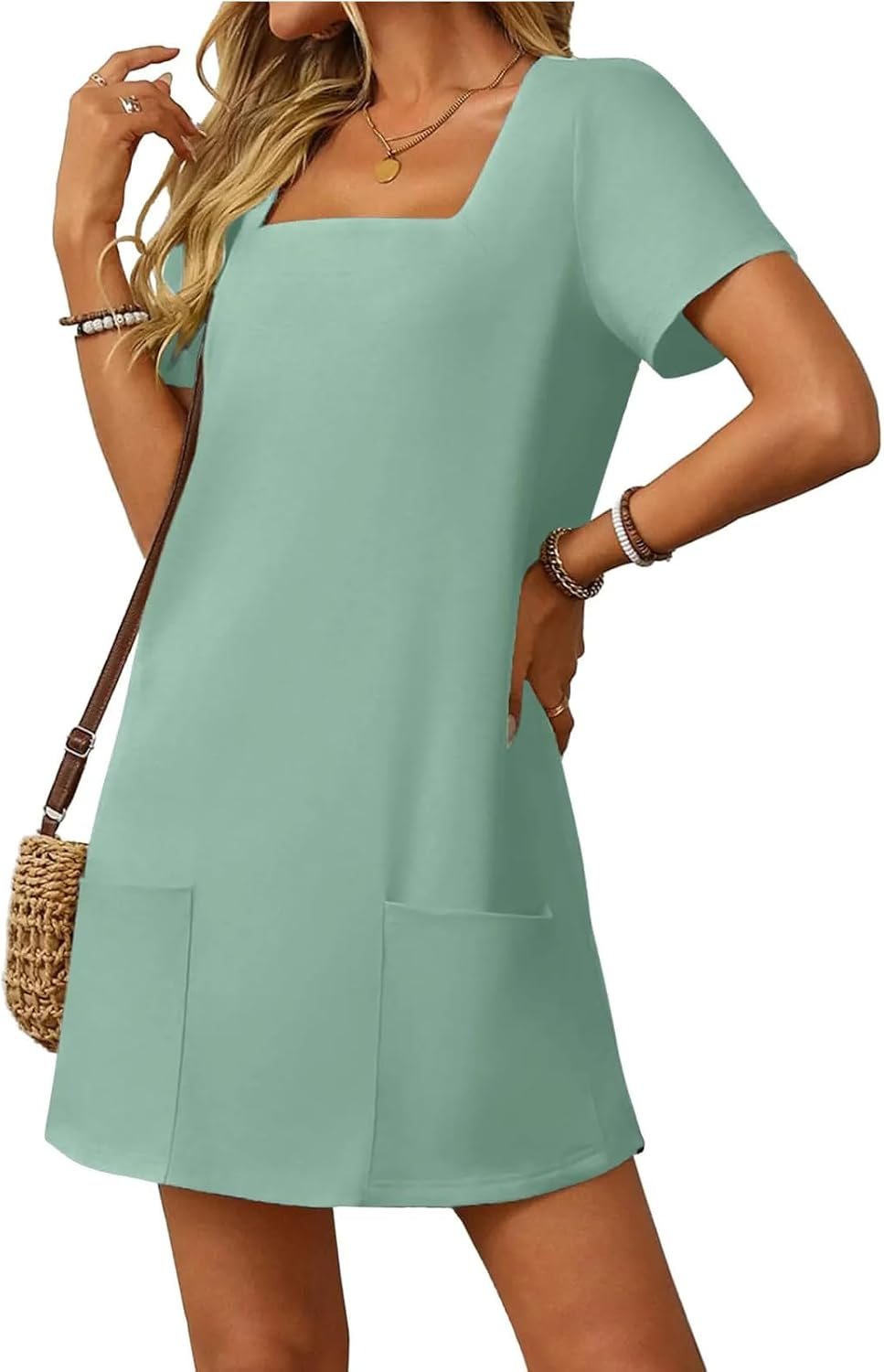 Womens Solid Casual Summer Square Neck Short Sleeve Mini Dresses Loose Fit Solid A-Line Tshirt Dress with Pockets