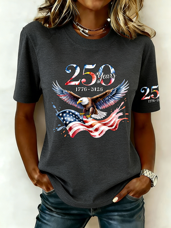 American Women'S Casual American Flag Printed Round Neck T-Shirt