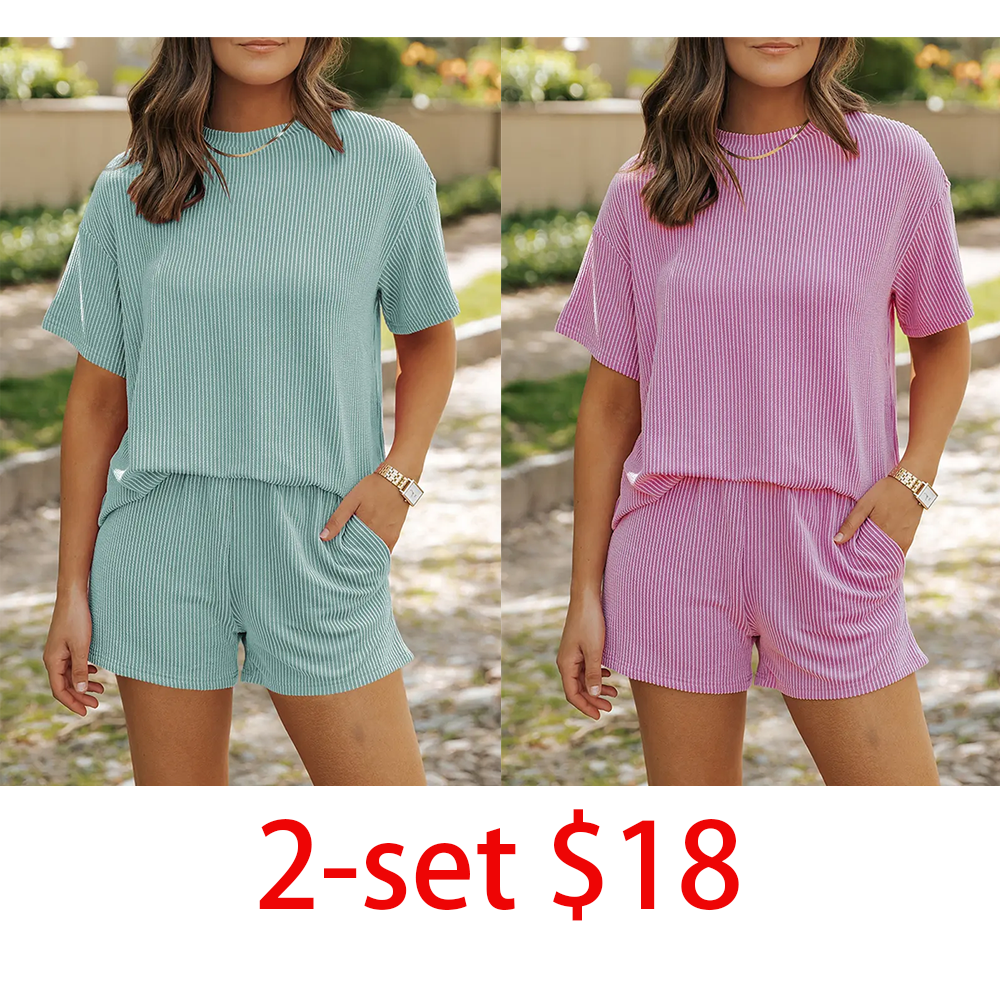 Women's 2-Piece Short Sleeve Twisted Thread Shirt & Shorts Set – Ribbed Textured Lounge Pajamas with Pockets