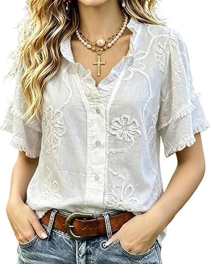 Women's Puff Sleeve Fringed Hem Blouse V Neck Button Regular Fit Casual Solid Spring Summer Top
