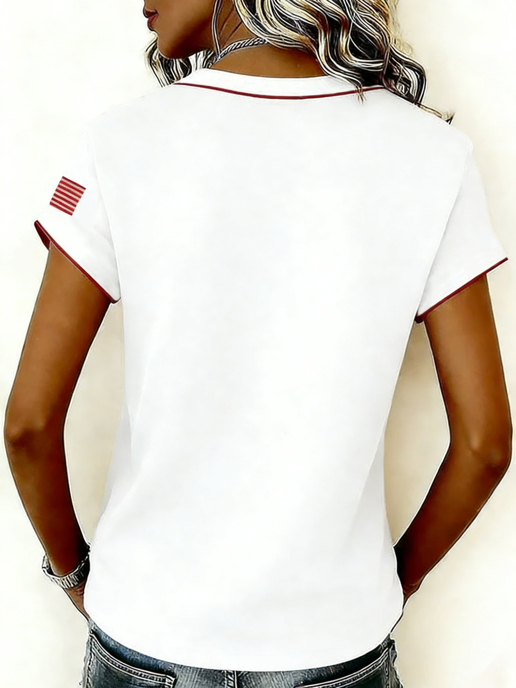 Floral Embroidery USA Flag Patch Retro V-Neck T-Shirt