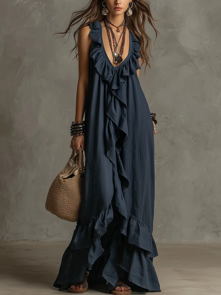 Elegant Bohemian V Neck Ruffle Maxi Dress