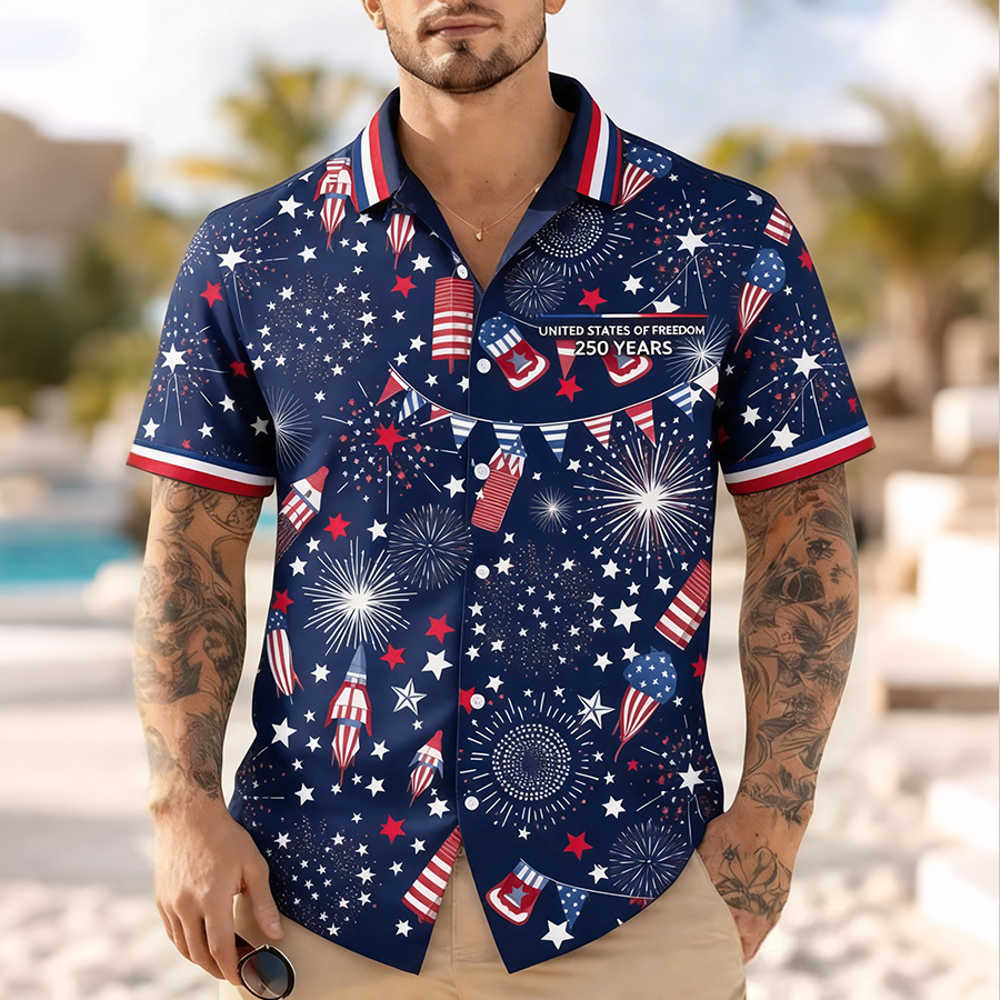 Men'S Casual American Flag Ribbon Art Print Hawaiian Shirt