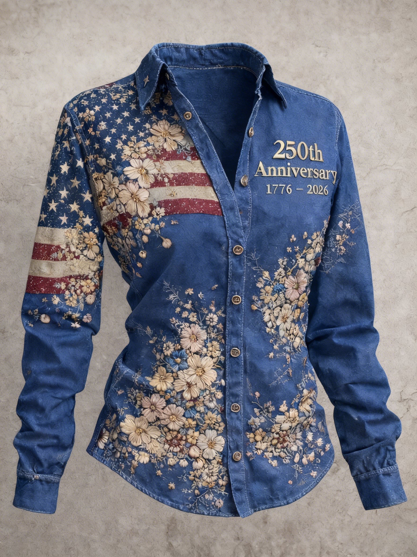 Women's Vintage Floral American Flag 250th Anniversary Button Down Shirt