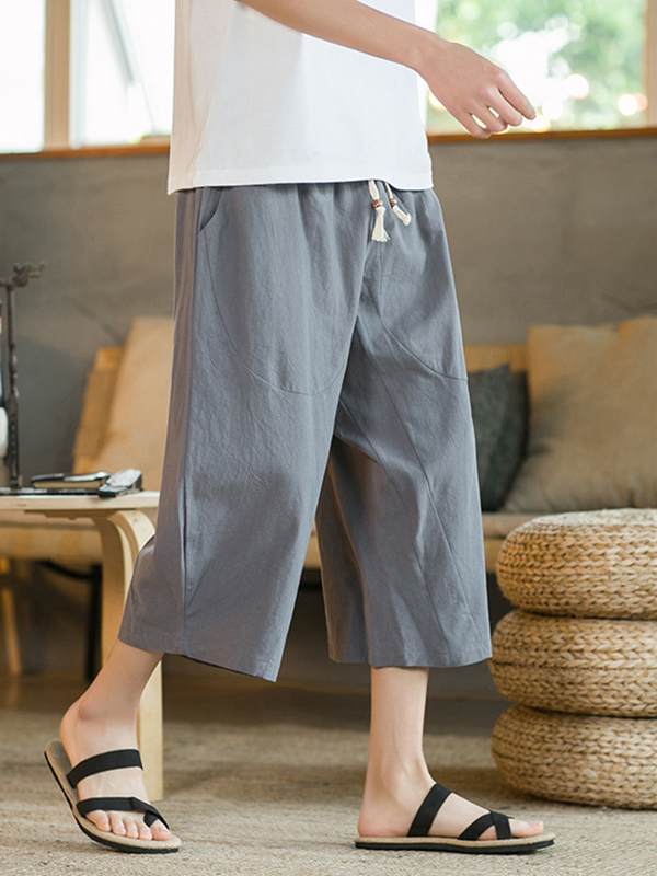 Men's Casual Linen Loose Fit Elastic Waist Wide Leg Harem Capri Pants