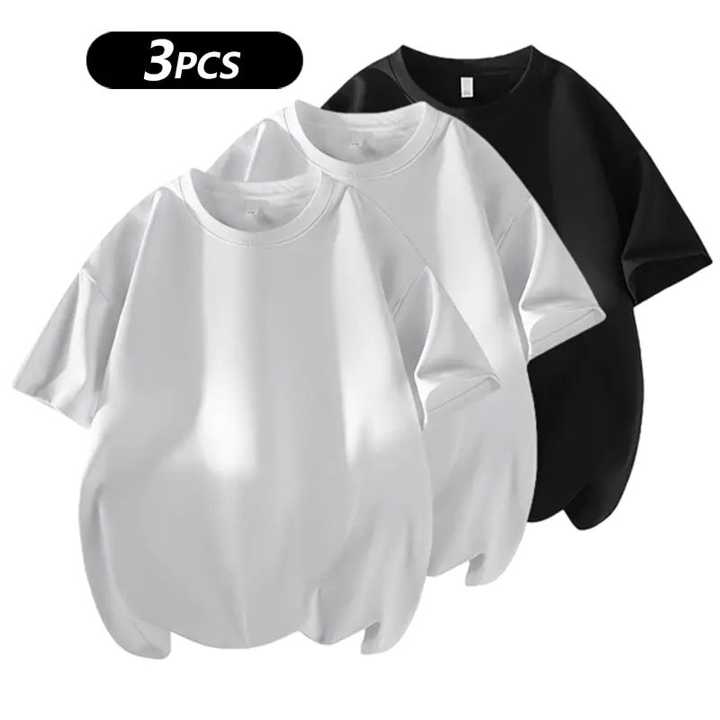 Men's 3PCS 100% cotton Crew Neck T-Shirts Set - Soft Loose Fit Navy Gray Black Tees for Casual Daily Wear