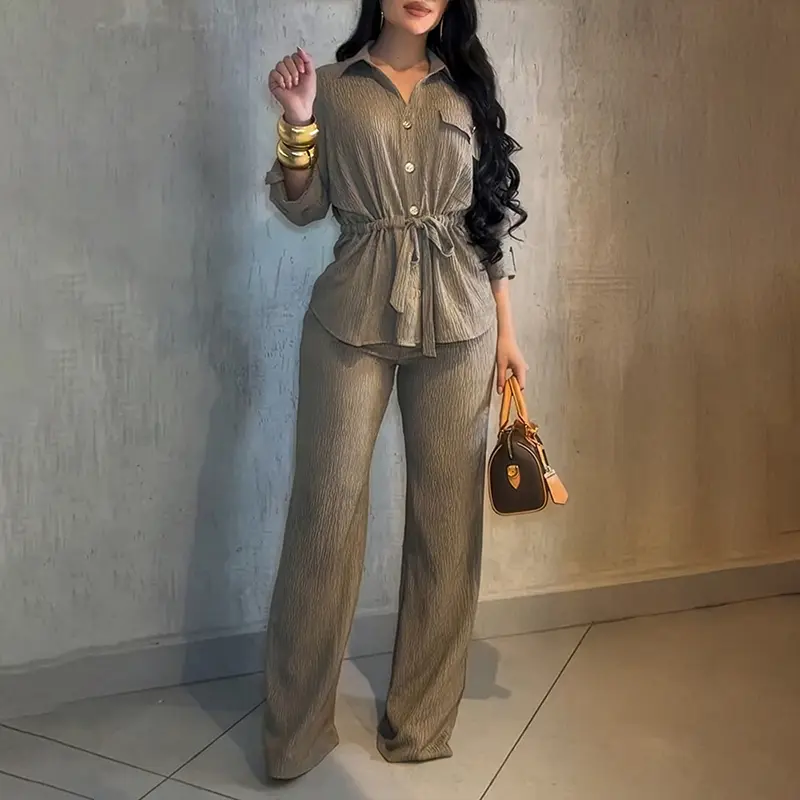 Women's 2 Piece Outfit Vintage Textured Drawstring Waist Turn-down Collar Button Down Top & Elastic Waist Wide Leg Pants Set