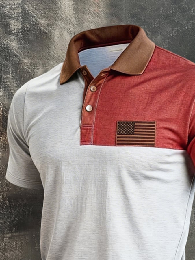 Men's Retro Patriot Color Block Polo Collar Short Sleeve