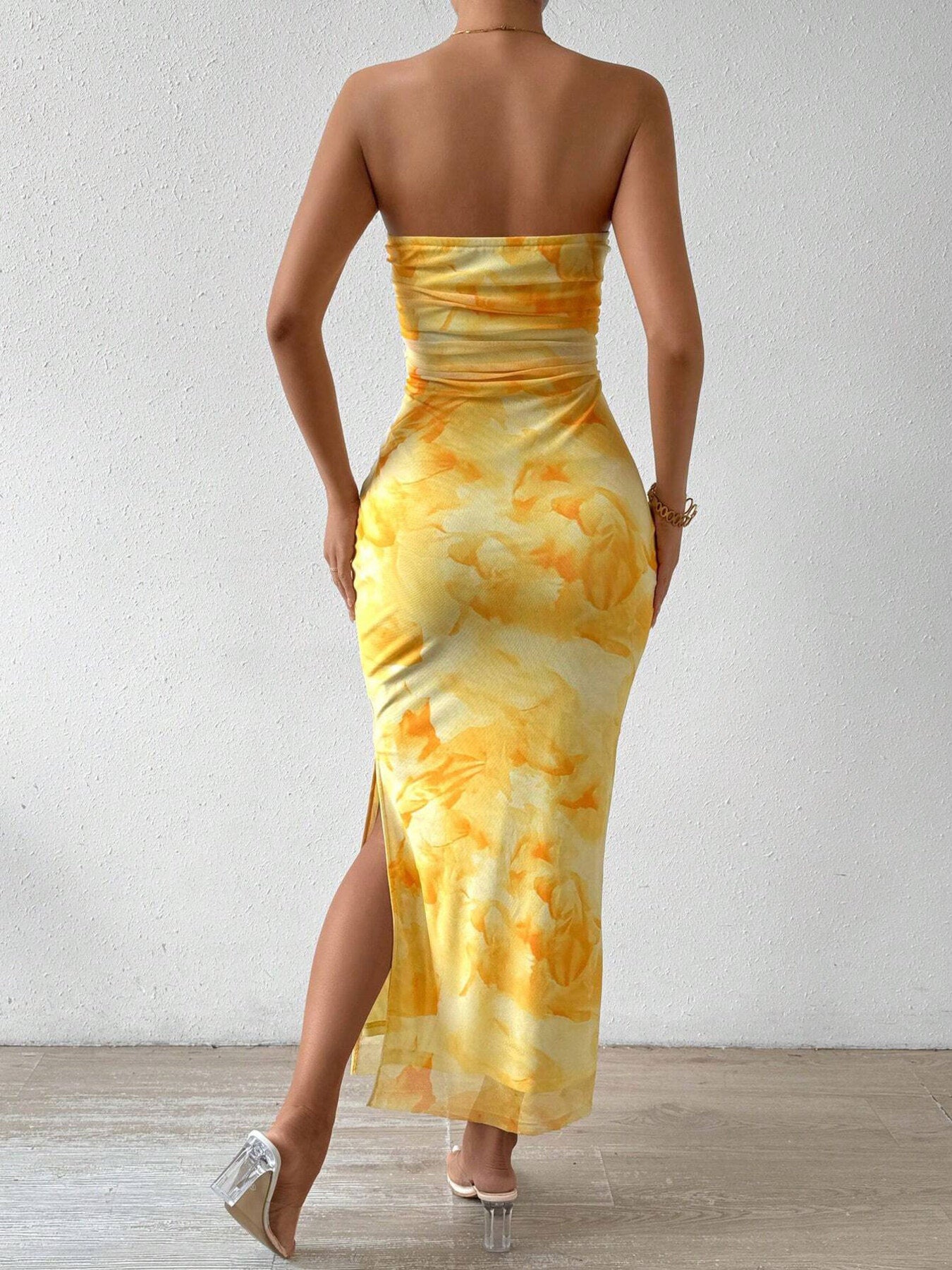 Ruched Strapless Bodycon Midi Dress