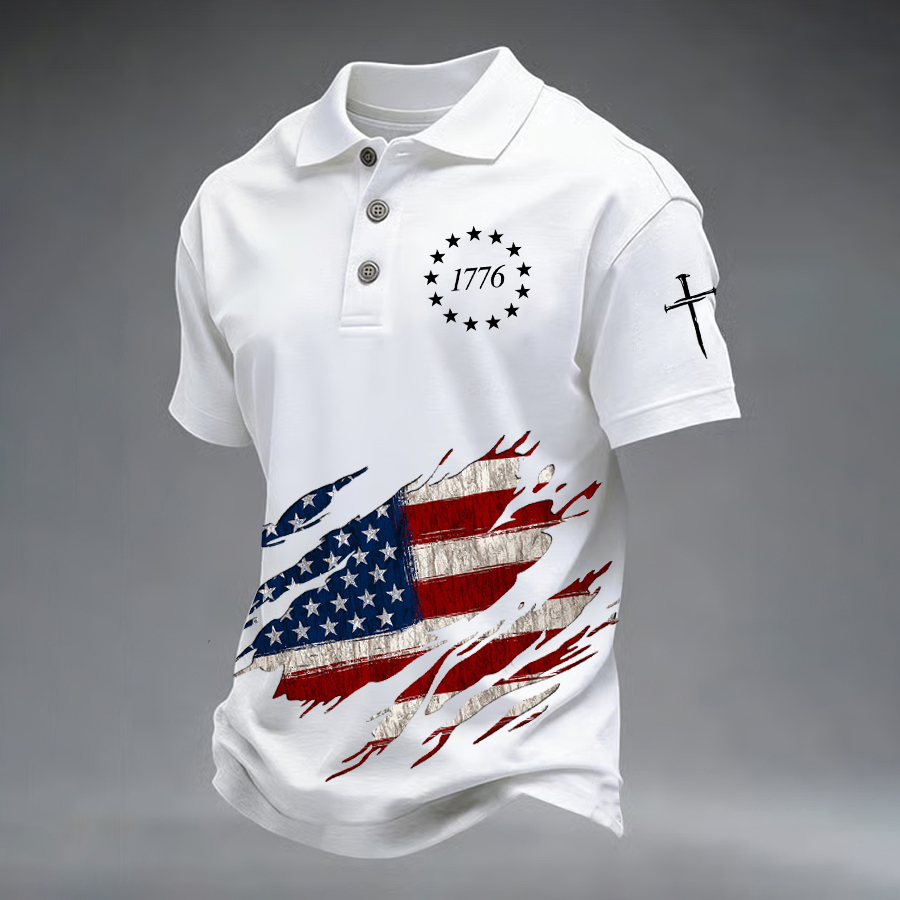 Men'S Retro American Flag Independence Day Print Casual Polo Shirt