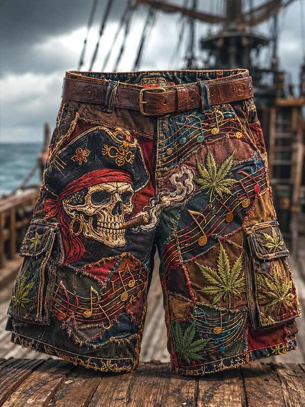 Men's Pirate Skull Patchwork Music Note Cannabis Leaf Art Print Casual Shorts