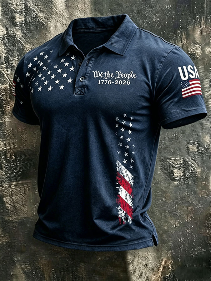 Men'S American Flag Print Casual Polo Shirt