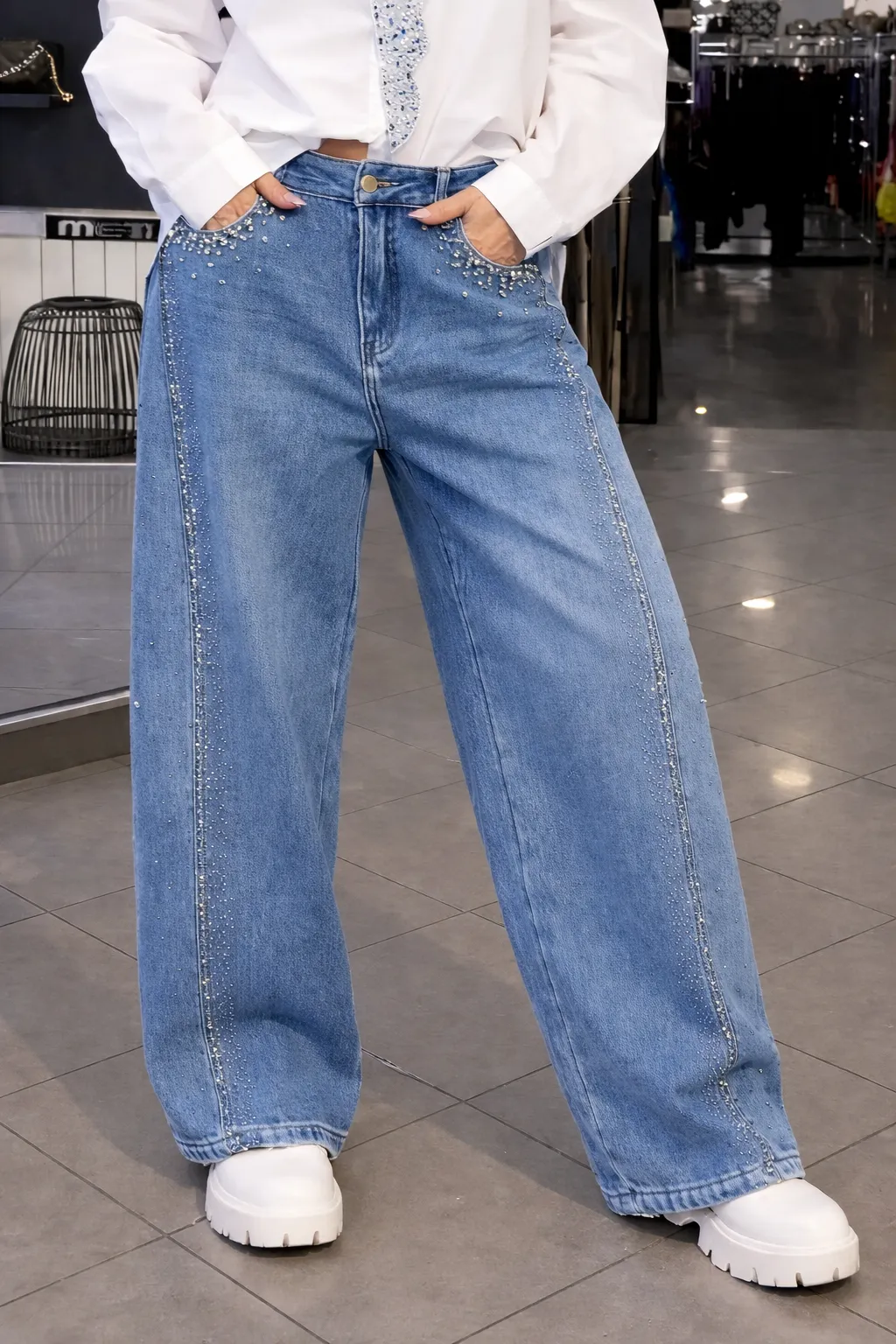 Women's Tie Shirt + Jeans Rhinestone Suit