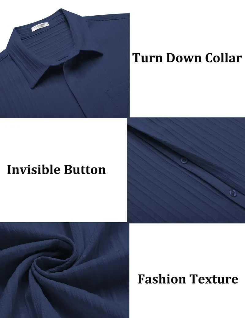 👔 Men’s Navy Textured Short Sleeve Button Down Shirt – Casual Summer Beach Shirt