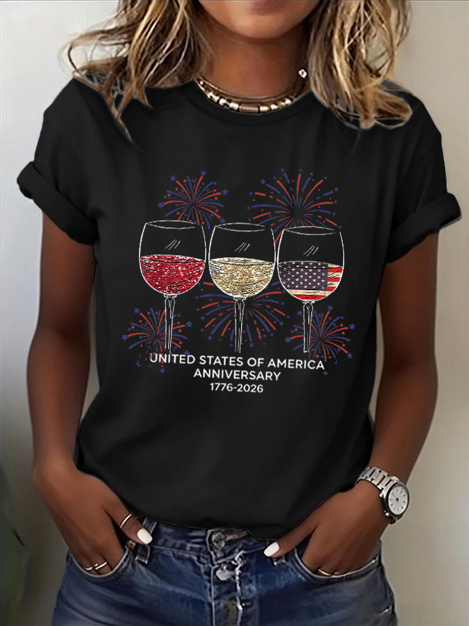 Women'S American Independence Day 250Th Anniversary Printed Round Neck Short Sleeve T-Shirt