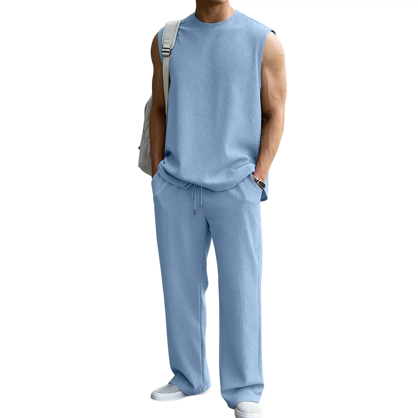 Men's Rib Knit 2 Piece Outfit Sleeveless Tank Top & Baggy Wide Leg Pants