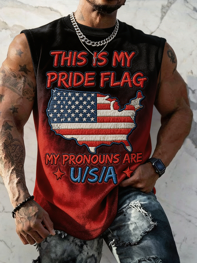 Men's This Is My Pride Flag My Pronouns Are USA Embroidered Sleeveless Tank Top