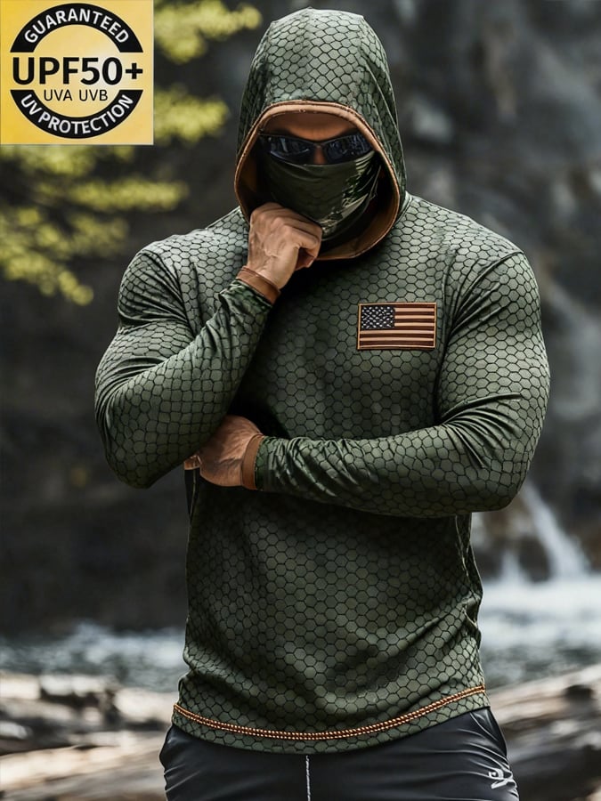 Men'S Outdoor Sun Protection Top: Breathable, Cooling, Long-Sleeve Hoodie With Built-In Face Mask And Contrast Print