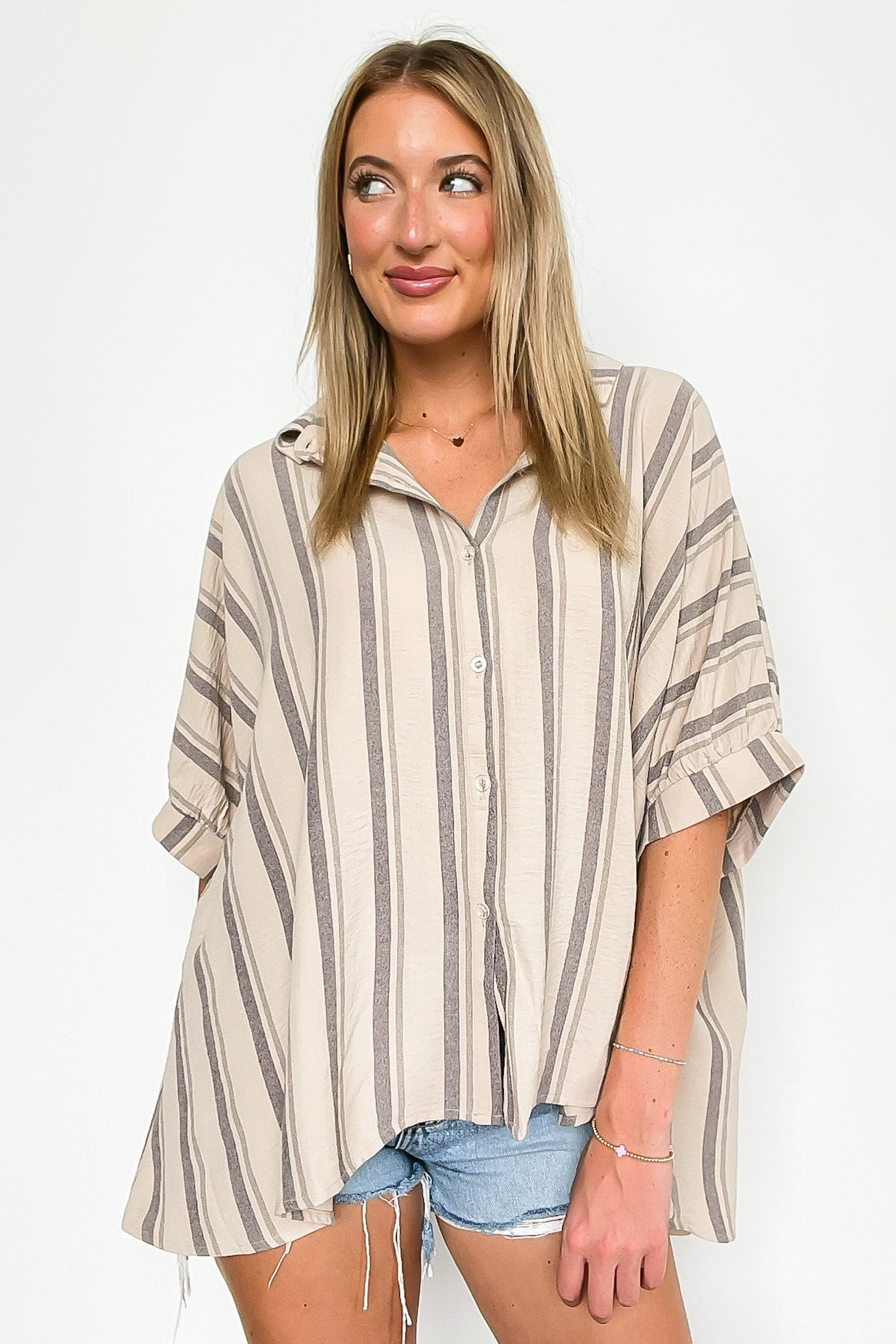 Mother's Day Sale💕Oversized Striped Button Down Top