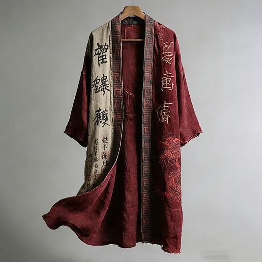 Men's Dragon Pattern Calligraphy and Painting Art Linen Long Kimono