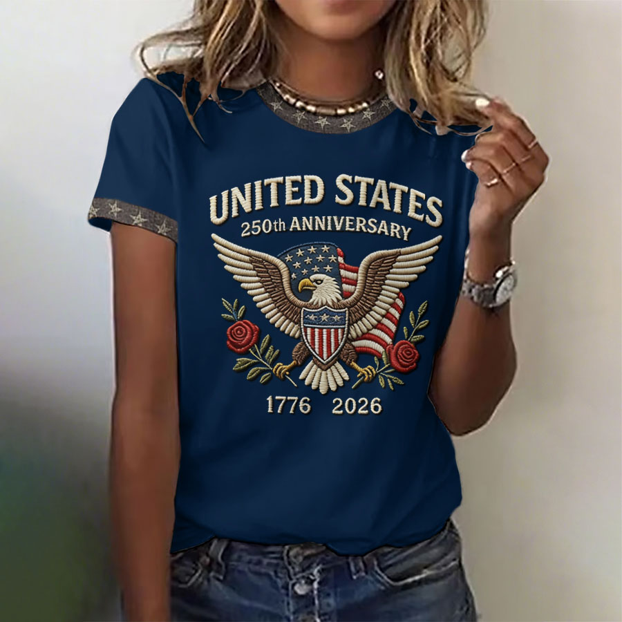 Women'S Retro American Independence Day Commemorative Printed Round Neck T-Shirt