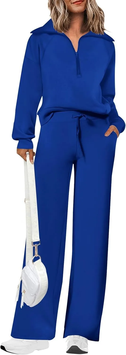 🔥Final Day Clearance!🛒Women's 2 Piece Outfits Casual Lapel Half Zip Sweatshirts And Wide Leg Pants Tracksuit Sets