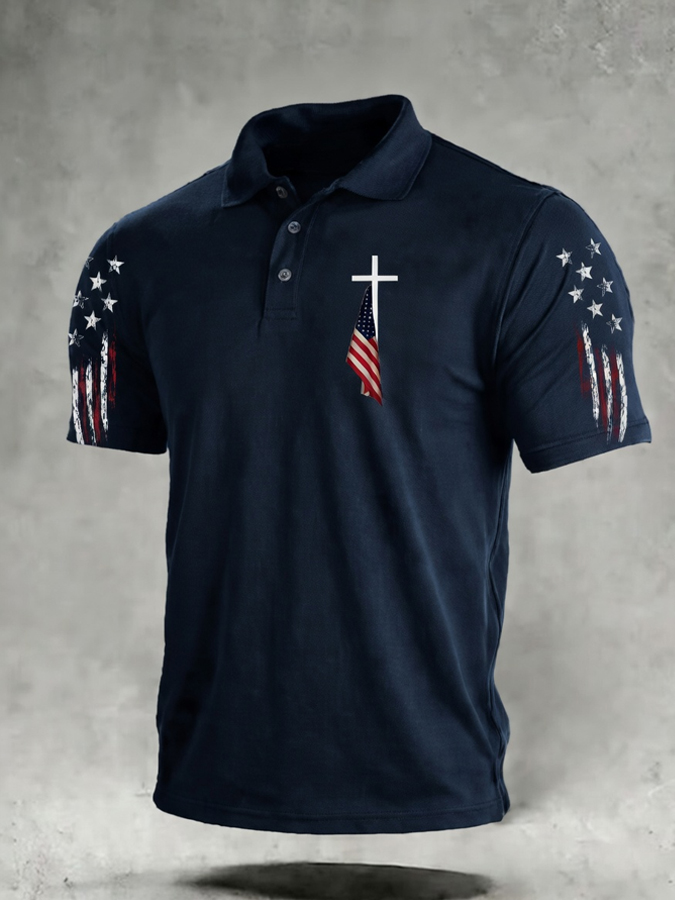 Men'S Flag Cross Printed Polo Shirt