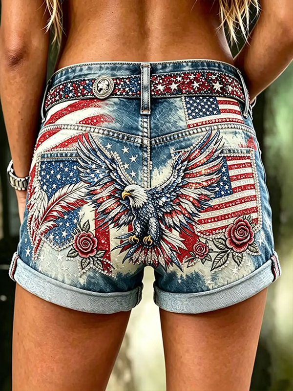 Women's American Flag Eagle Rhinestone Rose Art Print Casual Shorts
