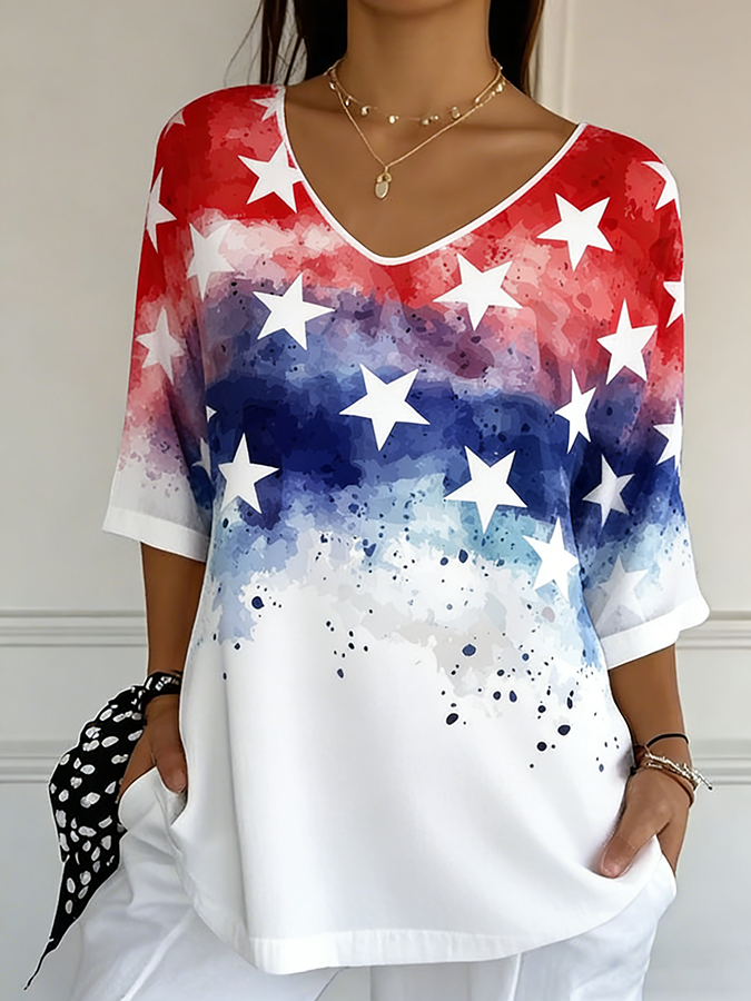 Ladies' Casual American Flag Print V-Neck Half Sleeved T-Shirt