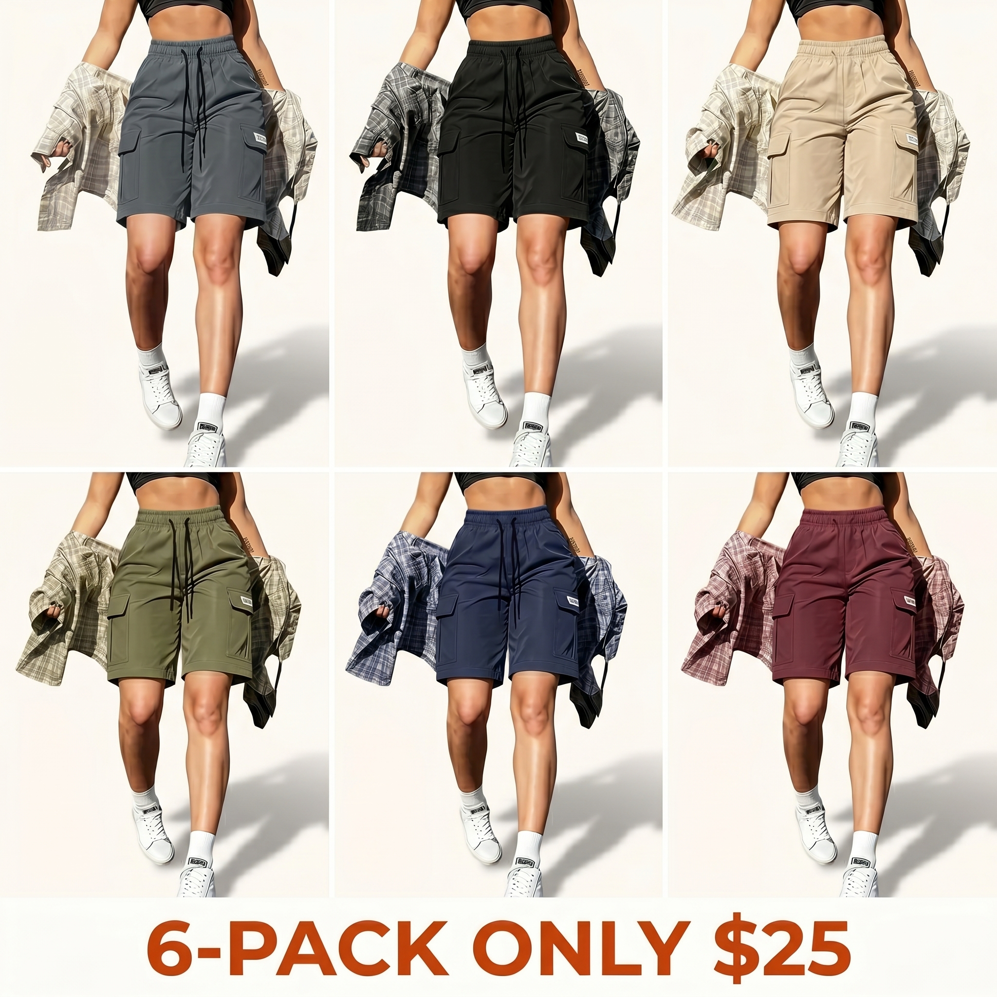 Women's Summer Cargo Shorts, featuring an elastic waistband, side pockets, and a drawstring.