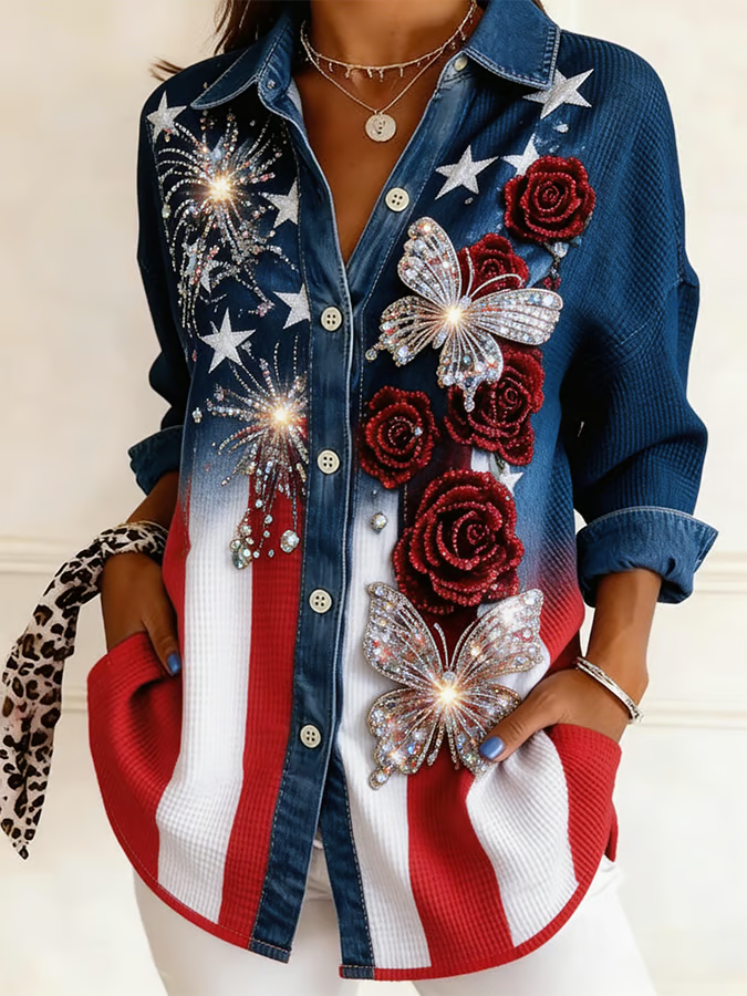 Women's 250th Anniversary Commemorative Butterfly Rose Glitter Printed Shirt