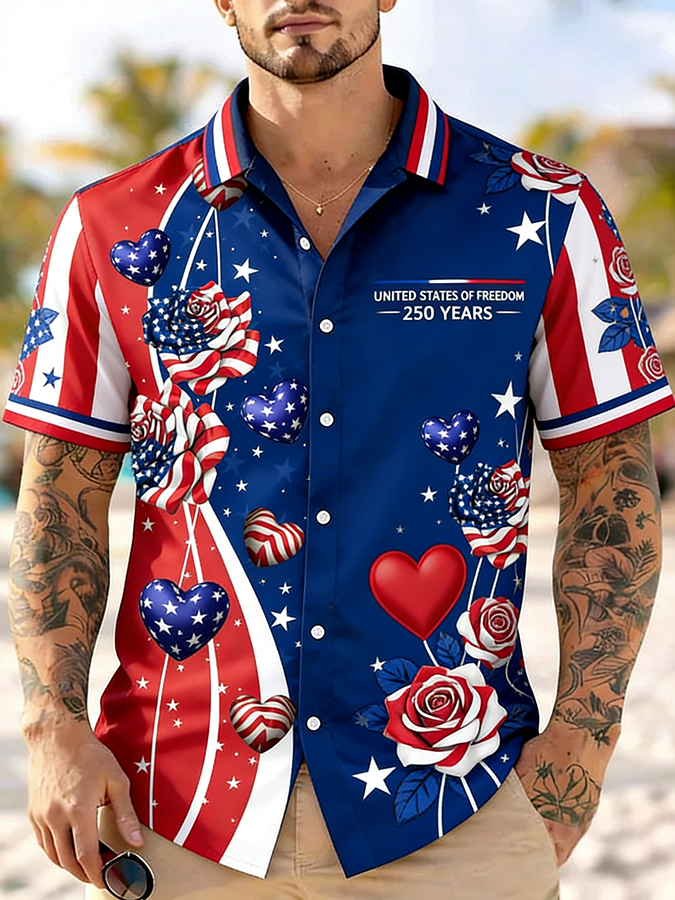 Men'S Casual American Flag Color Blocked Art Print Hawaiian Shirt