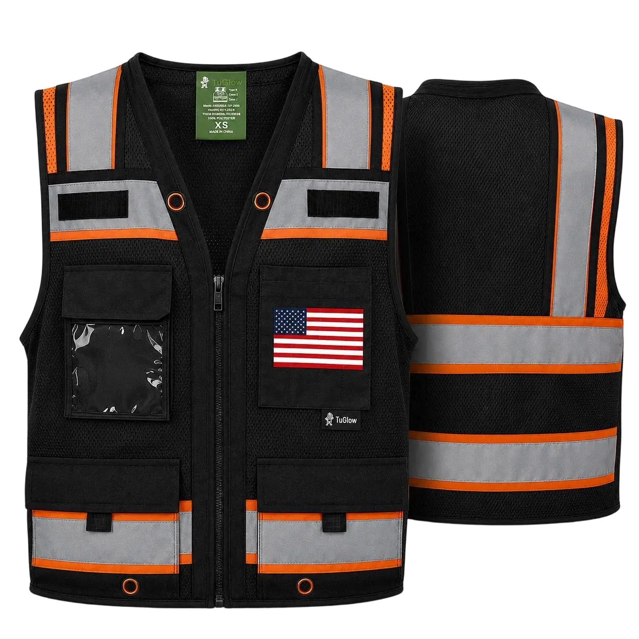 Superintendent Vest with custom USA Flag or other flags, High Visibility Reflective Safety, Mesh Safety Vest with Zipper and Multi pockets AMERICAN SIZE
