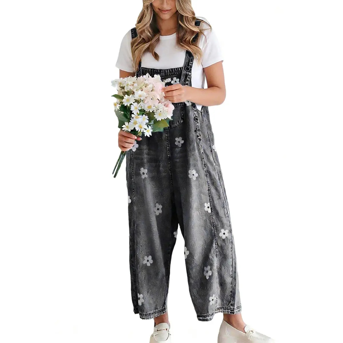 Women's Floral Printed Adjustable Strap Denim Bib Overall
