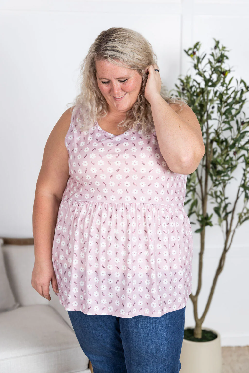 Renee Ruffle Tank Top in Pearl Pink Floral