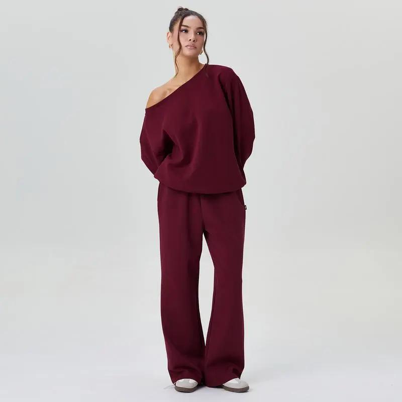 🔥8-PACKS 🔥Women's Leisure Solid Color Sloping Shoulder Long Sleeve Top & Wide Leg Trousers