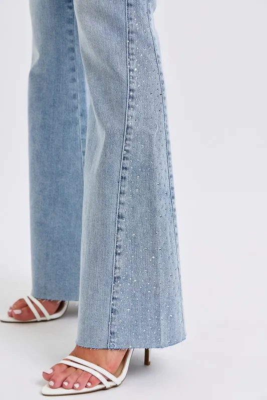 Blue Full Size Midi Rise Rhinestone Side Panel Detail Flare Jeans Plus Size