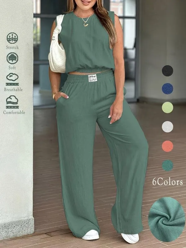 Women's 2-Piece Solid Color Tank Top & Wide Leg Pants Set