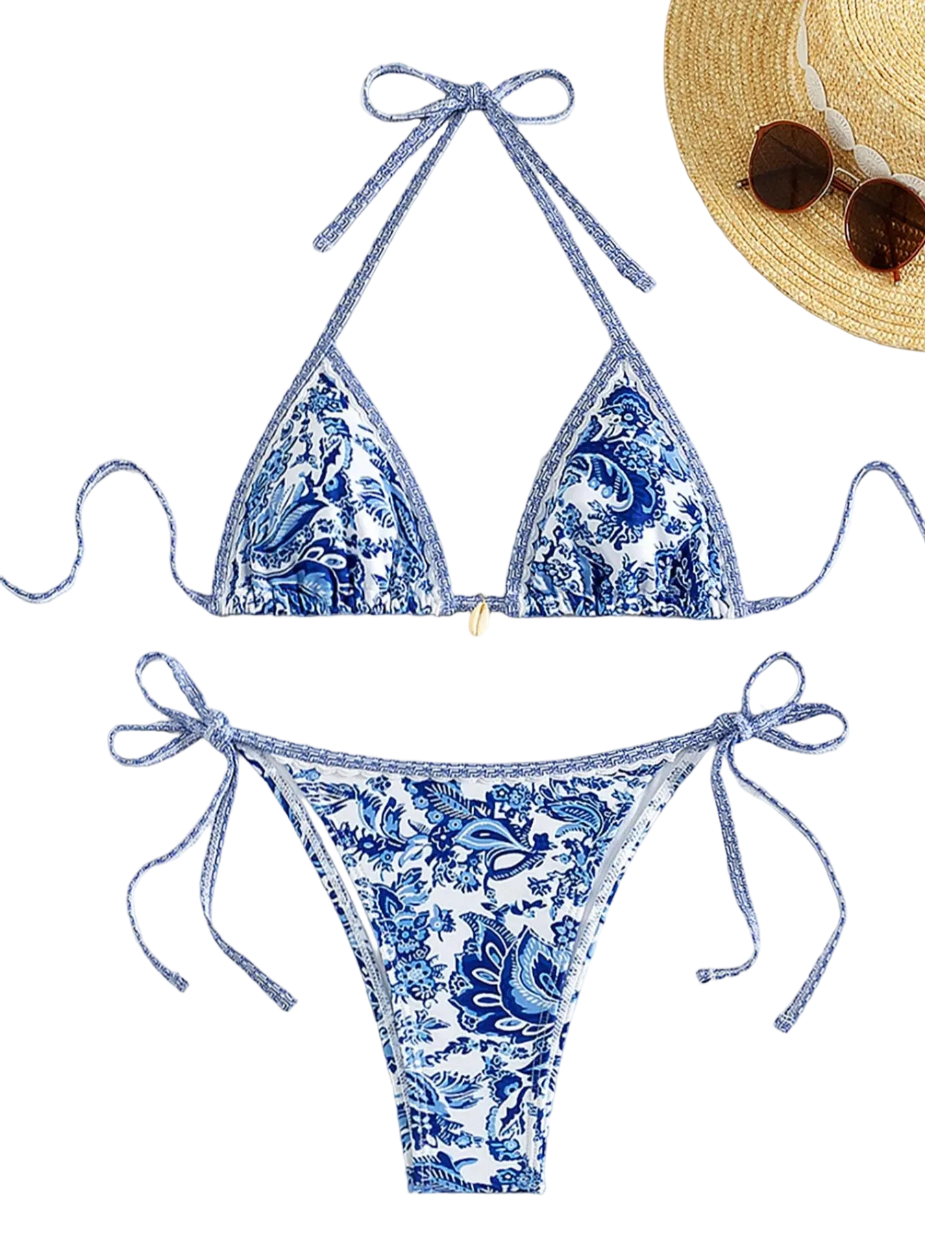 Women's All Over Print Bikini Set, Chic Halter Neck Swim Bra & Tie Side Swim Thong
