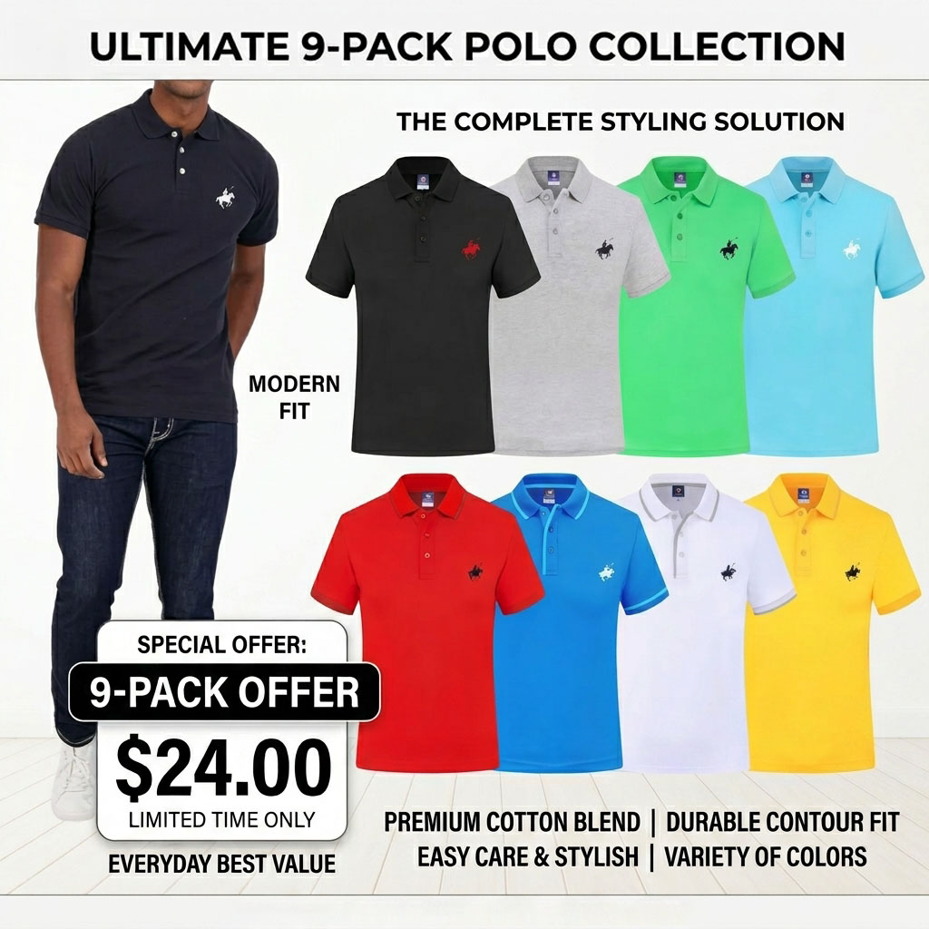 Men’s 9-Pack Cotton Blend Pique Polo Shirts – Short Sleeve Casual Essentials